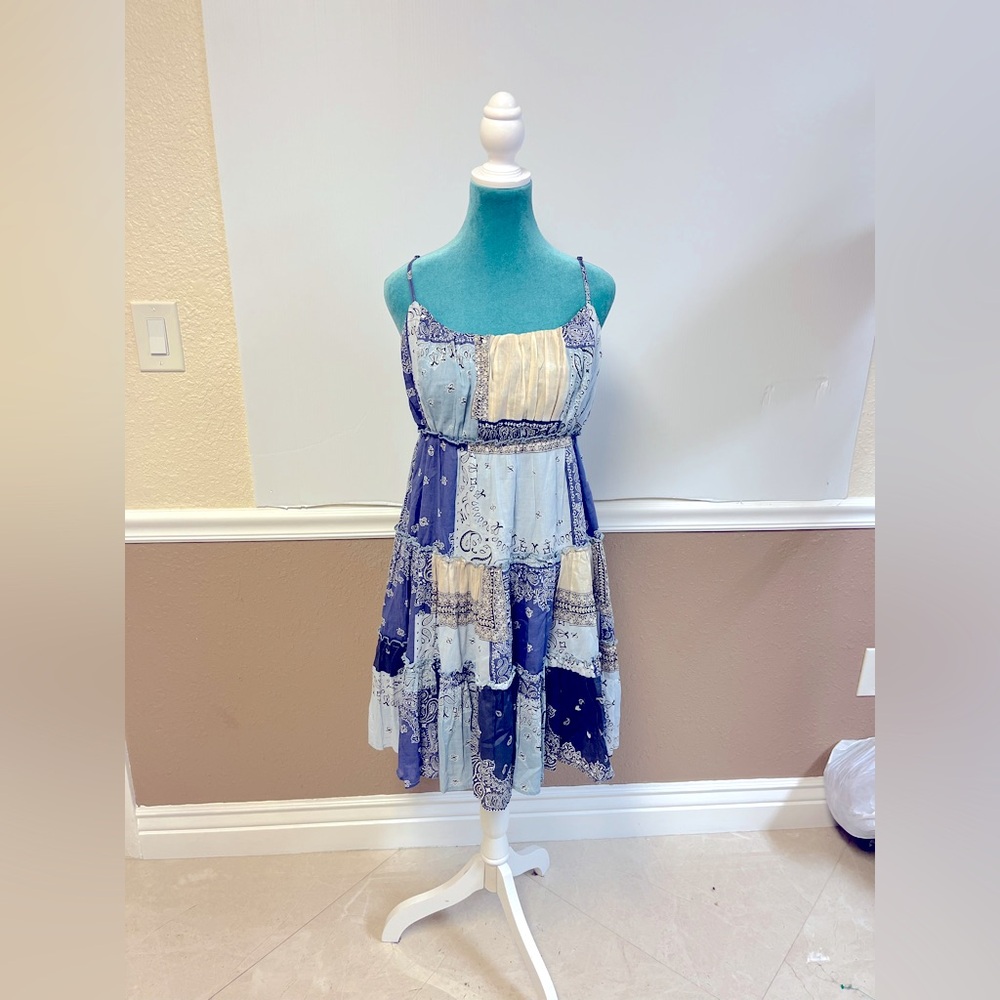 Lucky Brand Women’s Tiered Mini Dress Size M 100% Cotton Patchwork Boho Print